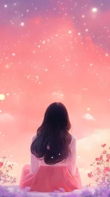 Girl in pink dress beneath luminous pastel night sky.