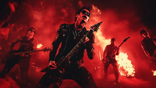 Rock band performs on stage amid controlled flame effects