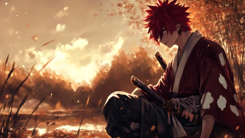 Quiet samurai moment rests under a golden autumn sunset sky