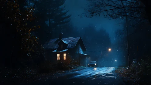 Rain soaked cabin road with lone car under streetlight.