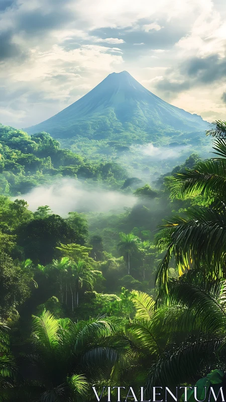 Lush jungle valley opening toward a serene misty volcano.