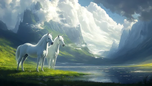 Twin white horses in glacial valley under volumetric clouds.