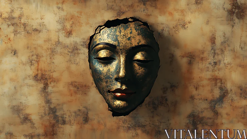 Serene golden mask emerging softly from textured silence.