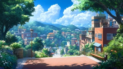 Sunny hillside town street opens onto lush green valley.