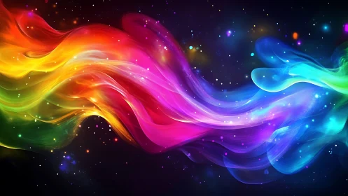 Nebulous rainbow currents weaving through a star-swept void.