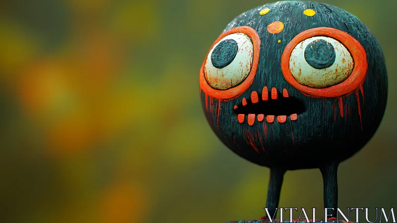 Wide-eyed black creature sculpture with vivid orange accents.