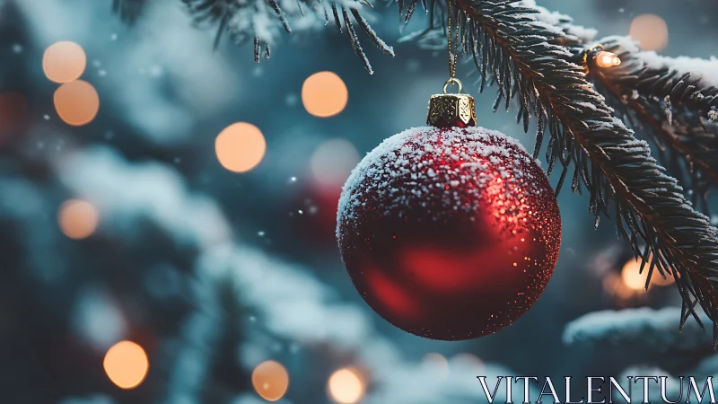 Snow kissed red ornament glowing on a cozy winter tree.