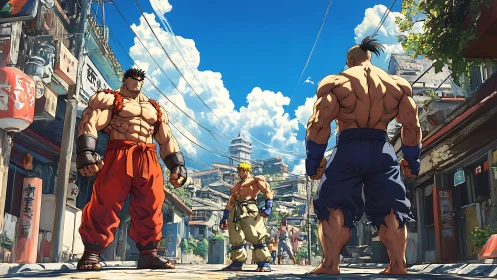 Sunlit street showdown between three determined fighters.