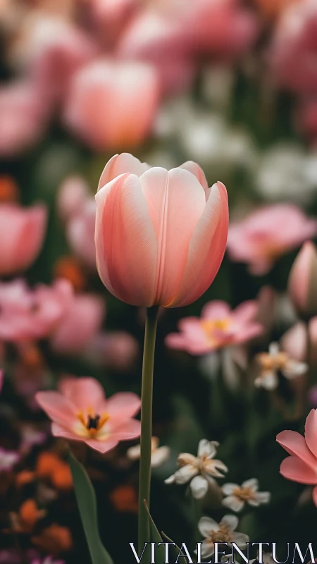 Coral Pink Tulip in Full Bloom. Spring Flower Portrait.
