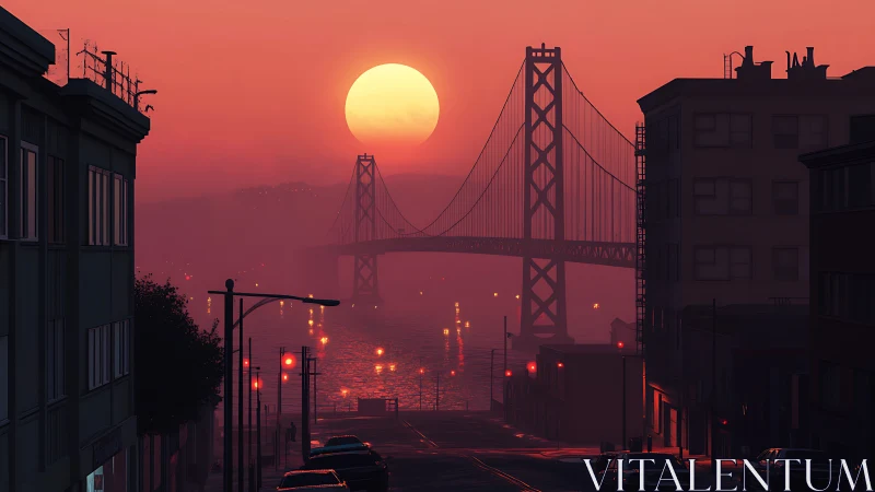 Warm sunset glow over a quiet city bridge and harbor.