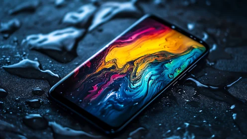 Liquid neon galaxies swirl across a rain kissed smartphone.