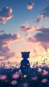 Silhouetted cat-eared figure in meadow under pastel sunset sky.