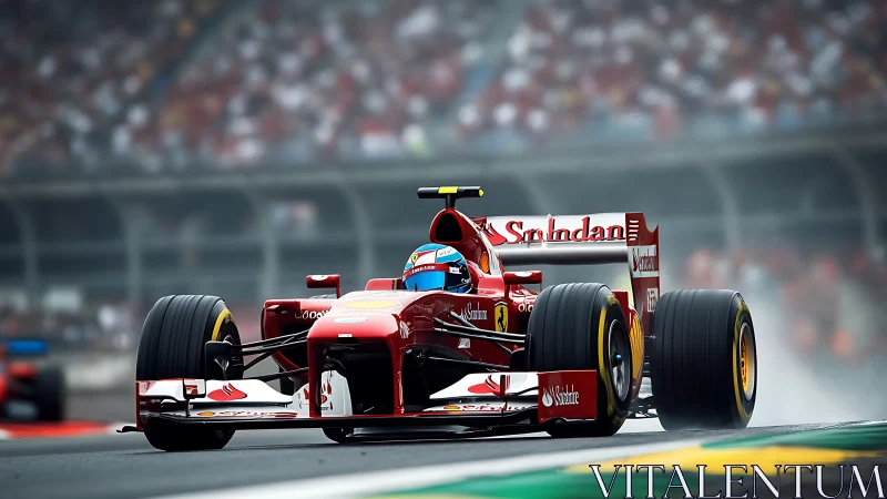 Front-on Formula 1 car under wet race conditions with shallow DOF