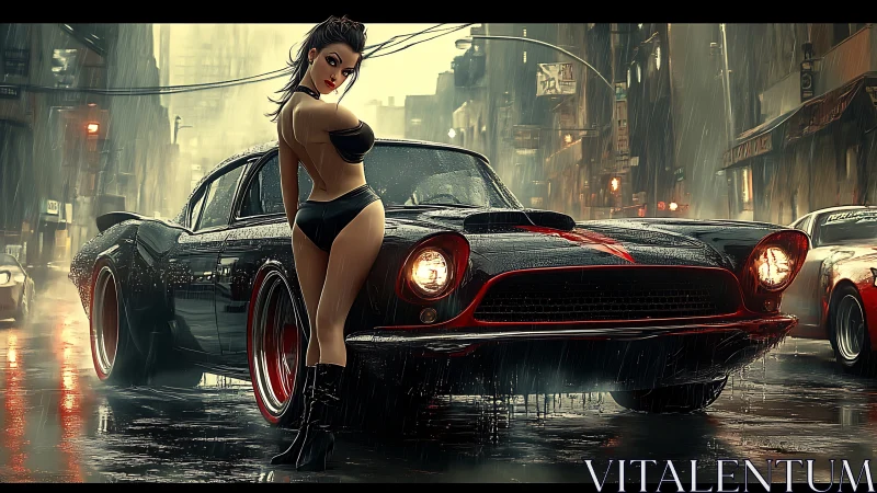 Stylized woman posing by muscle car in rainy city street.