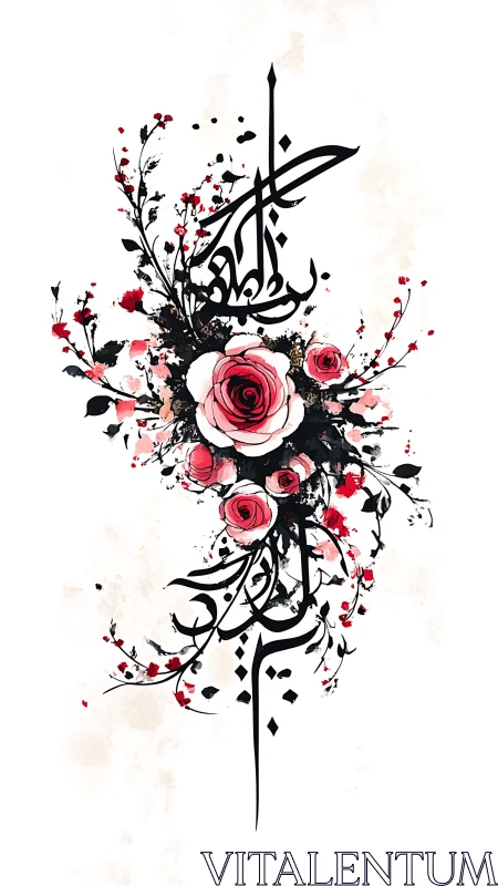 Floral Arabic calligraphy with expressive red rose cluster.