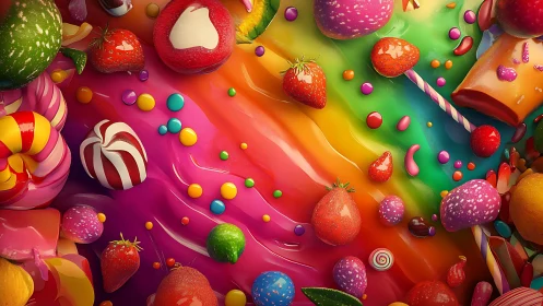 Volumetric 3D Rendered Candy and Fruit Composition with Advanced Lighting Techniques