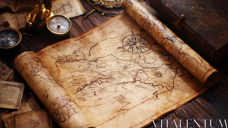 Vintage nautical map with compass and old navigation tools.