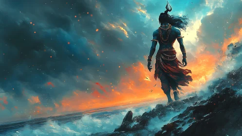 Divine warrior silhouette strides along storm-lit ocean shore