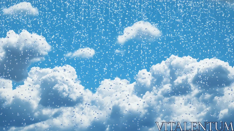Raindrops descend in front of cumulus clouds against blue sky