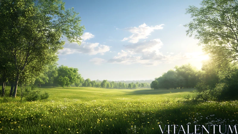 Sunlit meadow hush under whispering springtime treetops.