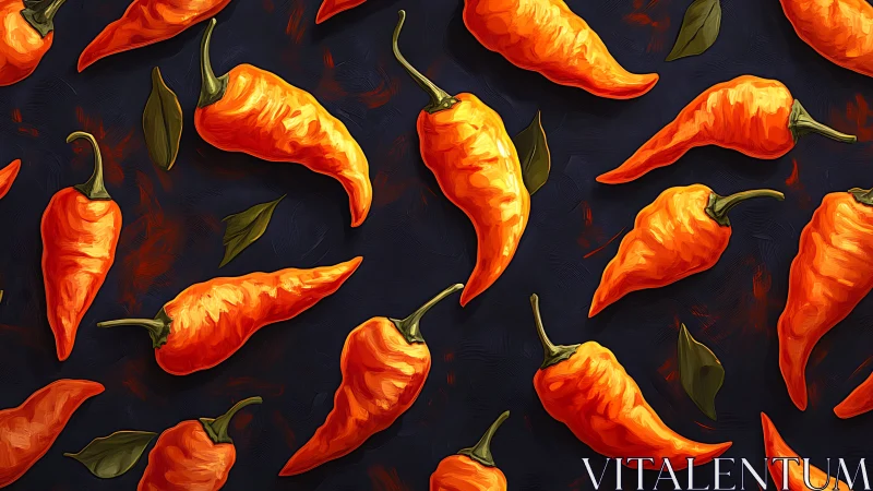 Vivid orange chilies on dark textured digital pattern