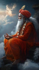 Elderly sage in orange robes meditates above dense clouds