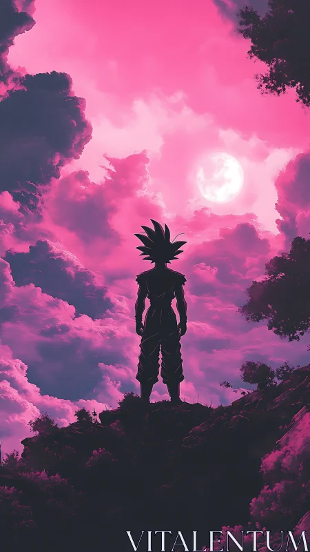 Silhouetted warrior under neon magenta lunar sky.