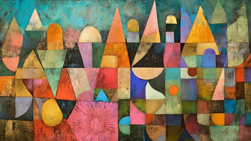 Geometric cityscape in layered pastel polygons and textures.