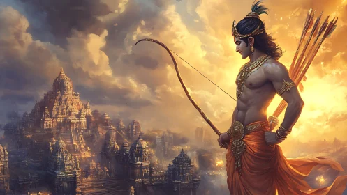 Epic archer deity above luminous mythic temple cityscape