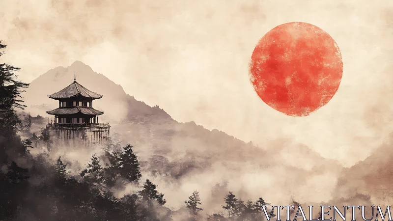 Misty Japanese pagoda under bold red rising sun.