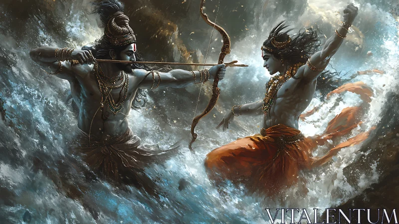 Epic divine warriors clashing in a swirling ocean of power.