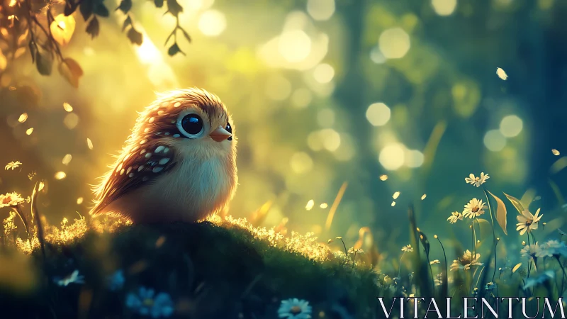 Cute Fantasy Bird in Magical Forest with Soft Lighting.