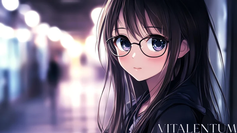 Shy anime girl with glasses in soft blurred city lights.