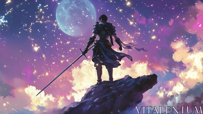 Starlit swordsman claims the sky from a dreaming cliff.