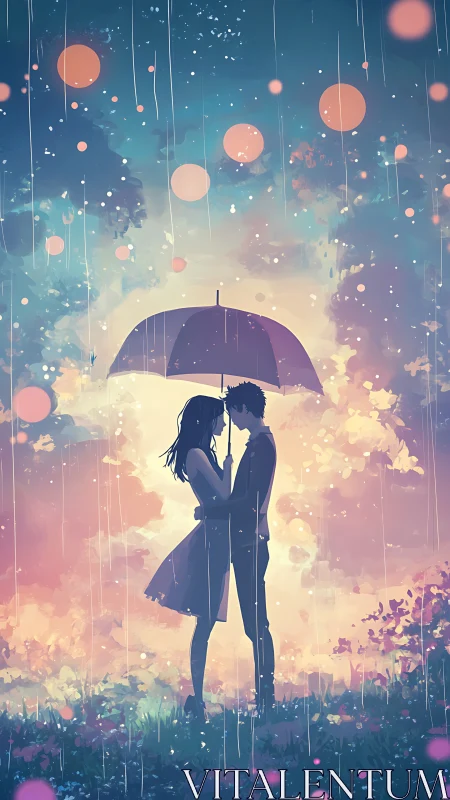 Silhouetted couple beneath purple umbrella amid luminescent aerial particles
