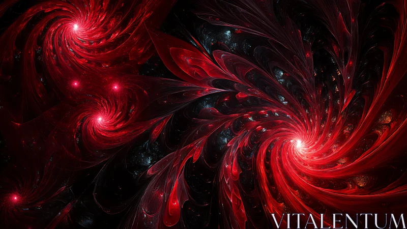 Crimson fractal vortexes swirling through cosmic shadowed void.