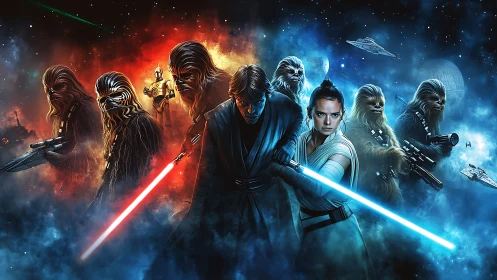 Starlit clash of glowing sabers and determined heroes.