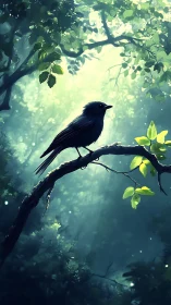 Backlit songbird on mossy branch in misty forest clearing