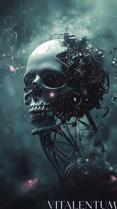 Cyberpunk biomechanical skull head rendered in dark teal haze.