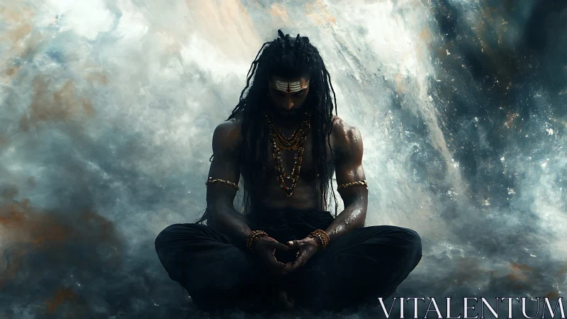 Storm-veiled ascetic meditates at the edge of creation.