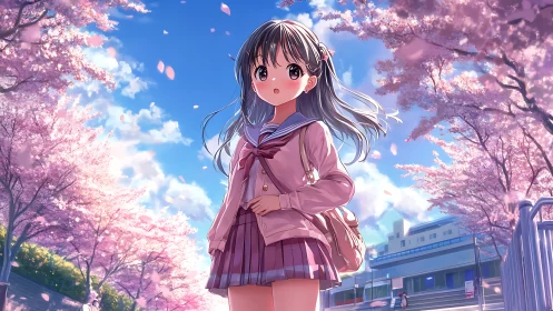 Schoolgirl under cherry blossoms on clear spring day.
