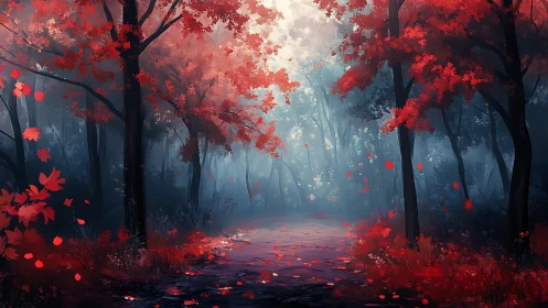 Crimson Forest Canopy: Autumn Leaves Cascade Through Misty Woodland Path
