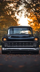 Classic black pickup truck parked under autumn trees.