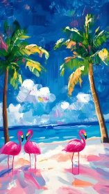 Vibrant flamingos stroll beneath palm trees on a sunny shore