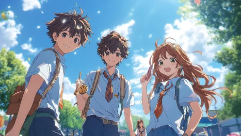 Sunlit anime students sharing snacks on a bright summer day.