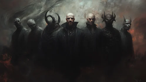 Shadowed guardians in dark coats share a quiet, brooding pact.