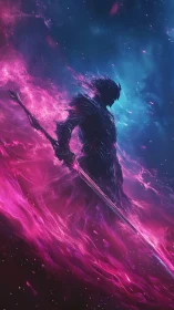 Cosmic warrior silhouette amid violet and cyan energy fields.