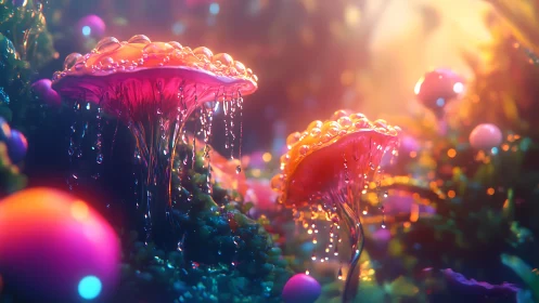 Glowing jelly mushrooms shimmer in a dreamy alien forest
