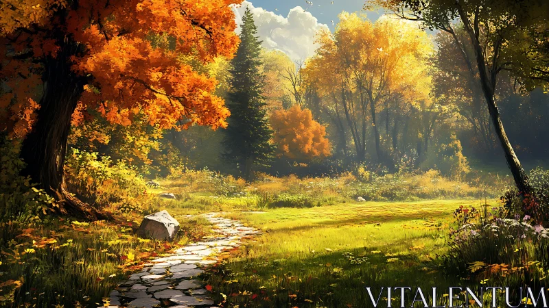 Autumn Forest Landscape with Stone Stream and Mountain Valley
