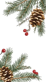 Digital pine bough border with cones and red berry accents.
